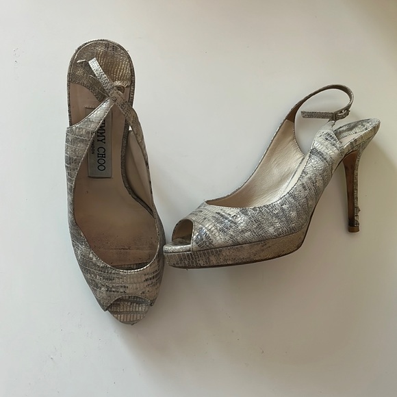 Jimmy Choo Shoes - Jimmy Choo Silver Snake-Print Peep Toe Slingback Heels